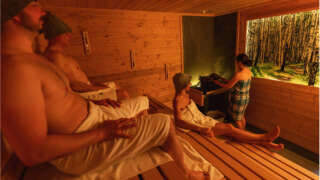 Gäste in der Birkensauna, Aufgießerin mit Birkenzweigen vor beleuchtetem Bild mit Birkenwald